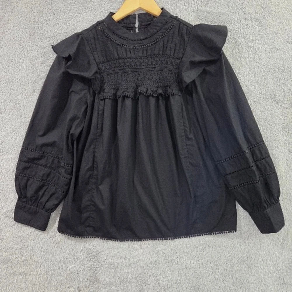 J.Crew Smocked Ruffle Pintuck Blouse Medium Black Cotton Crocheted Long Sleeve